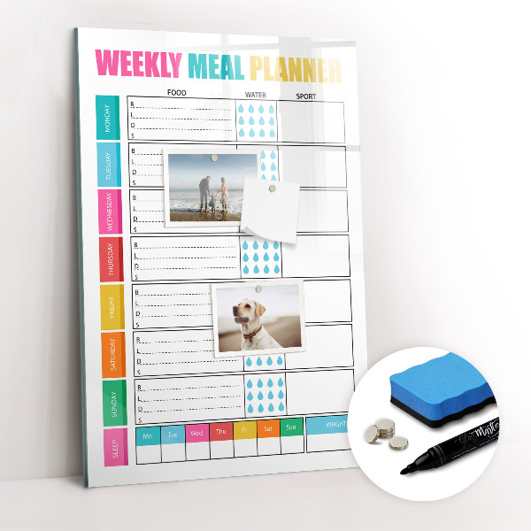 Wandbord van glas magnetisch en uitwisbaar Wekelijkse maaltijdplanner