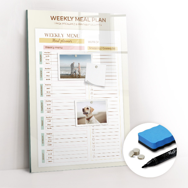 Glazen magneetbord met decoratieve print Wekelijks maaltijdplan