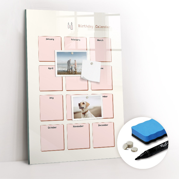 Magnetisch memobord van glas voor aan de muur Verjaardagskalender
