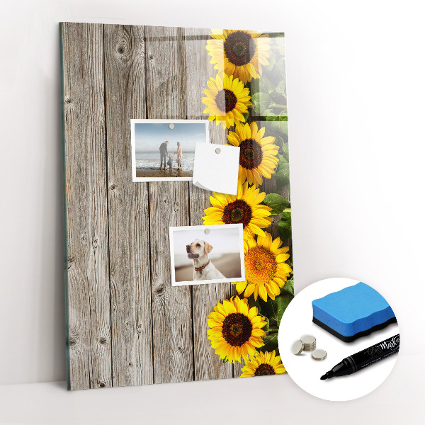 Glazen magneetbord met decoratieve print Zonnebloemen van hout