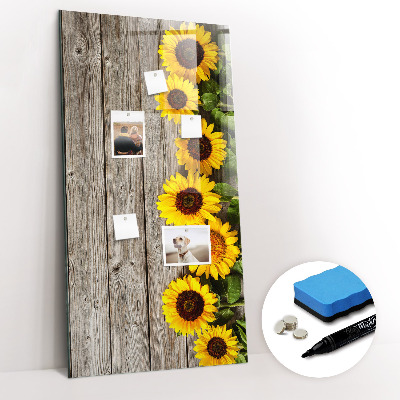 Glazen magneetbord met decoratieve print Zonnebloemen van hout