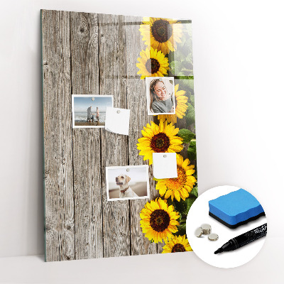 Glazen magneetbord met decoratieve print Zonnebloemen van hout